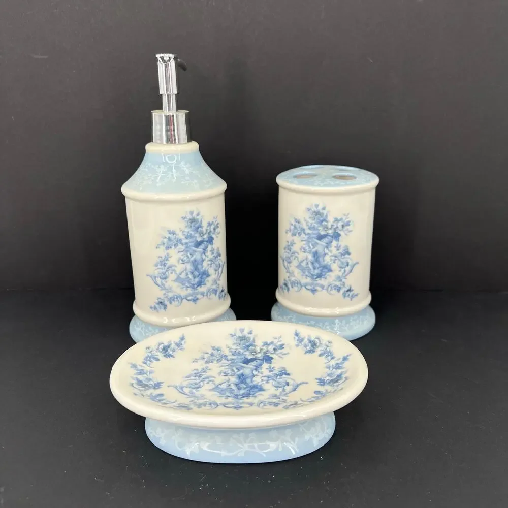 Blue and white floral botanical toothbrush holder dish soap and pump set